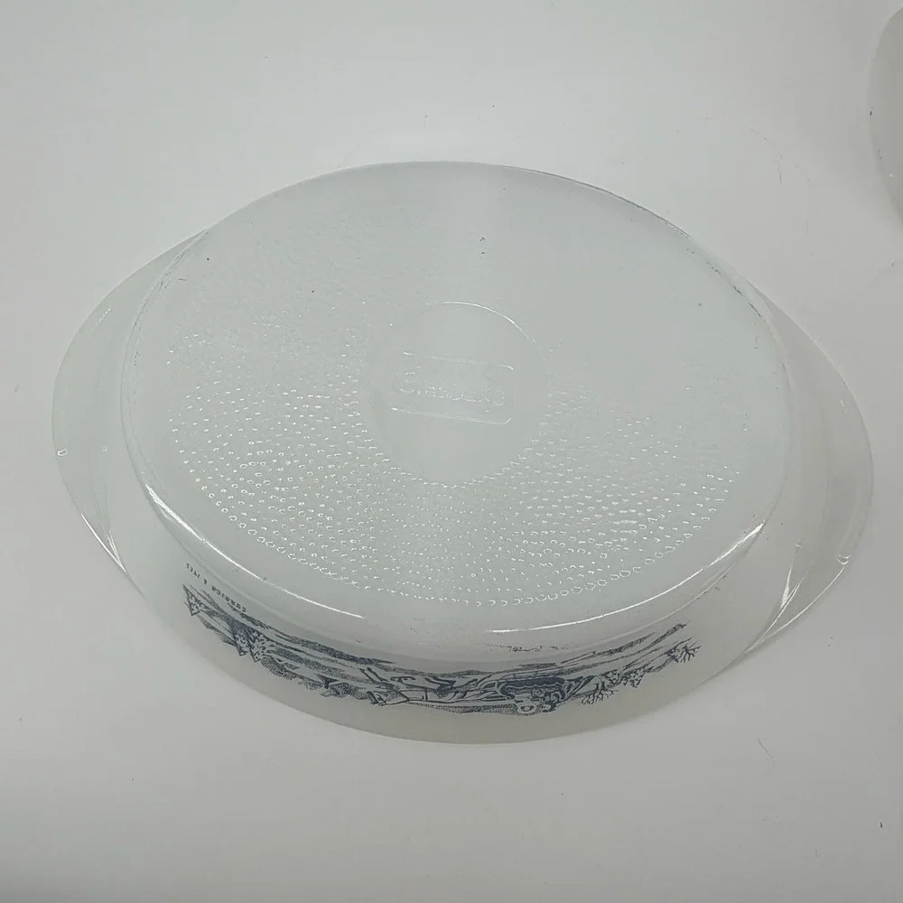 Vintage Currier Ives Milk Glass Blue Scenic Farm Loaf Pan Divided Casserole Dish